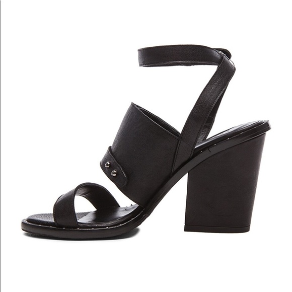 Freda Salvador Calfskin Go Strap Heeled Sandal Black Leather Block Heel Studded - Picture 7 of 11
